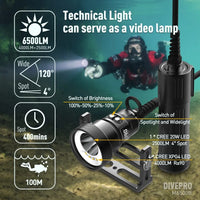 DivePro M6500B Canister Light (Back Mount Cable) 6500 Lumens